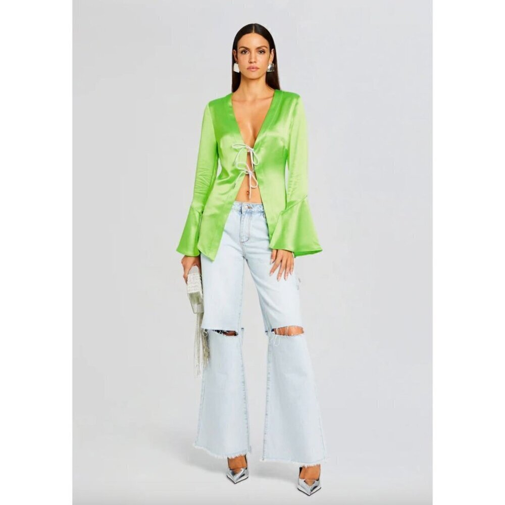 retrofete Svea Satin Tie Closure Blouse Fresh Lime Womens Size XS
